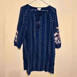 J.Jill Embroidered Boho Peasant Tunic Top Navy Blue Crinkle Gauze Size M